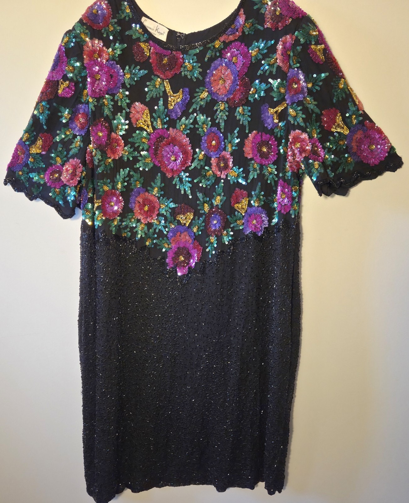 Laurence Kazar Womens 3x Beaded Sequin Black Dress Floral Multicolor Knee Length